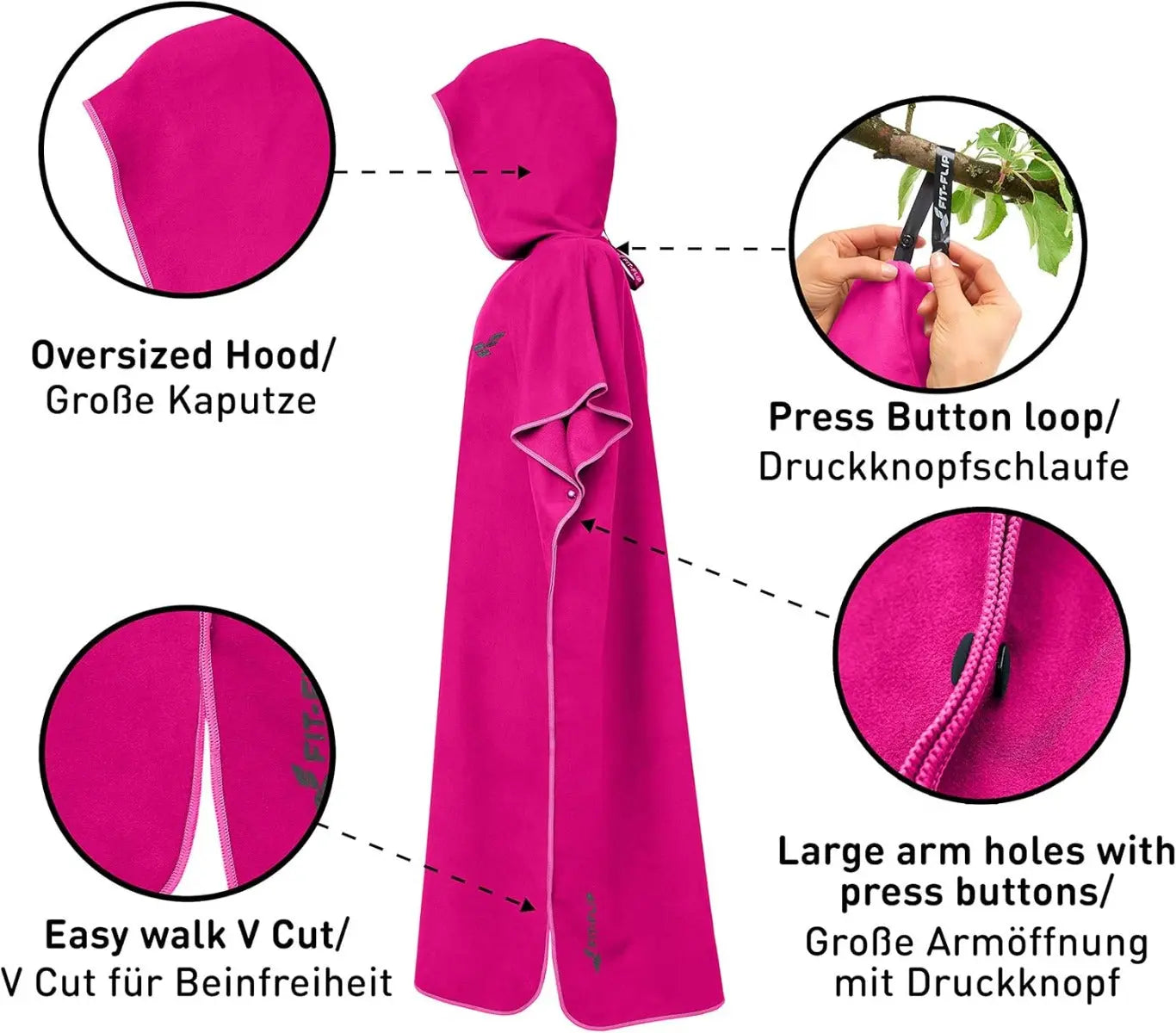 Badeponcho Mikrofaser Unisex schnelltrocknend mit Kapuze L Pink von guteszeug.ch
