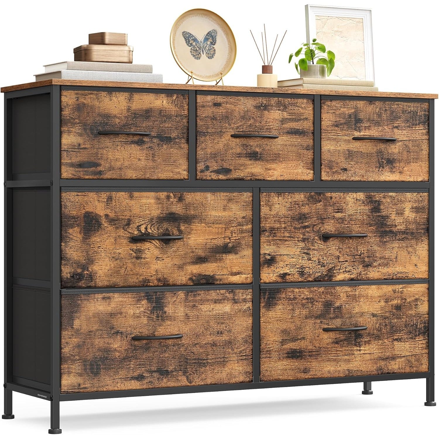 Kommode 7 Schubladen Stoff Schlafzimmer Vintage Braun von Songmics