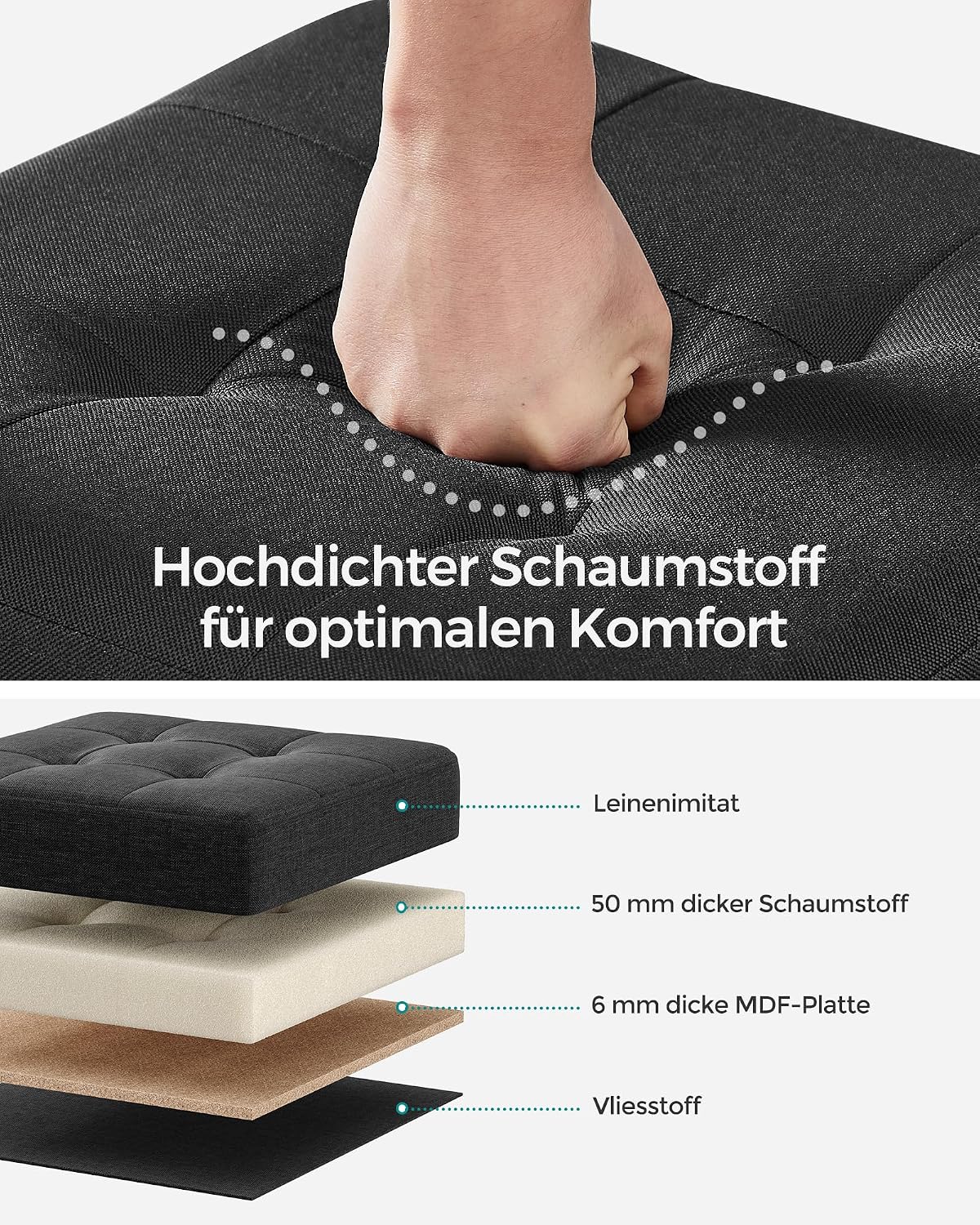 Sitztruhe 38x38x40 cm Sitzbox 37 l Stauraum Schwarz von Songmics