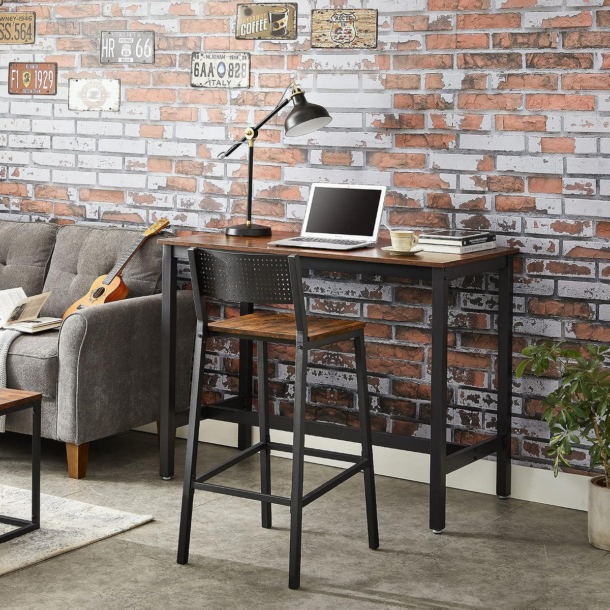 Barhocker 97 cm mit Rückenlehne Industrial Braun Schwarz von Songmics