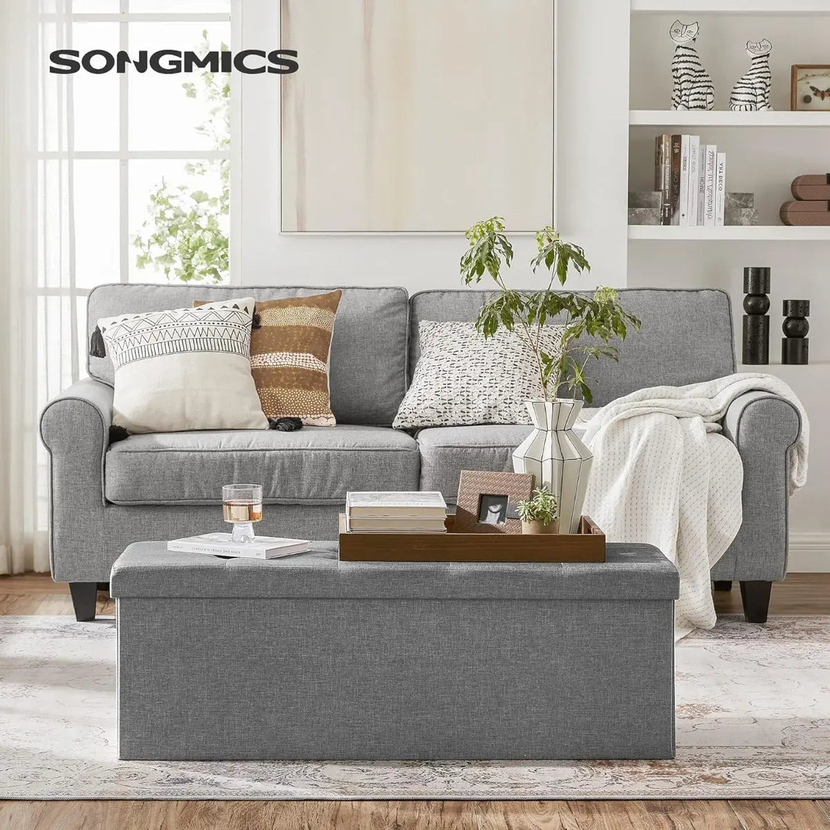 Sitzbank mit Stauraum 110cm Faltbar Leinenimitat Hellgrau von Songmics