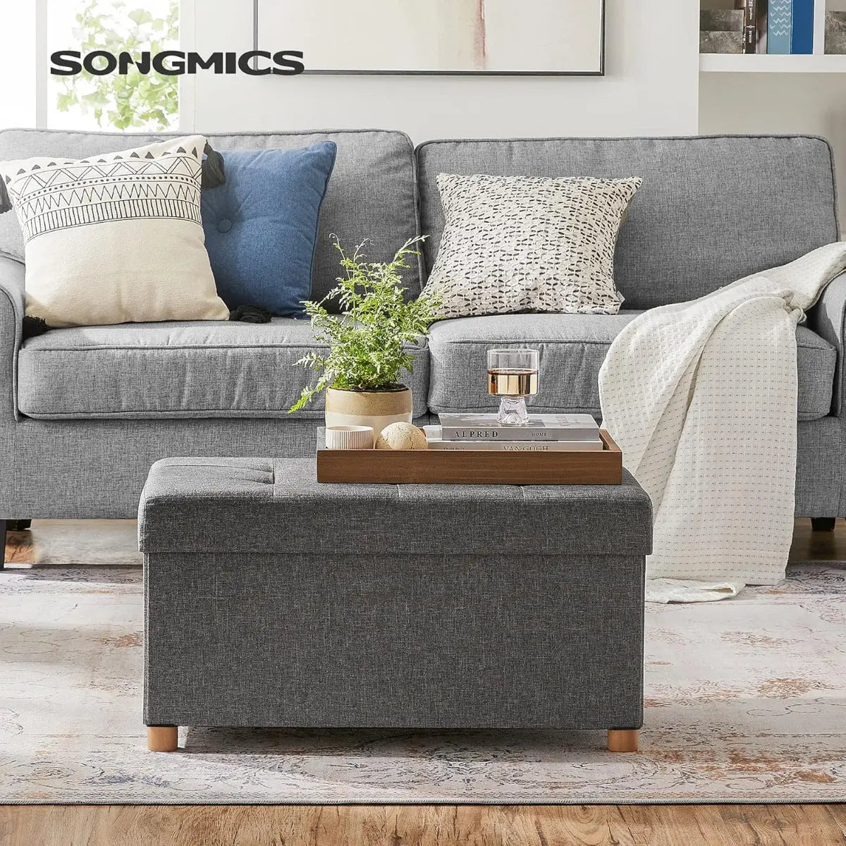 Sitzhocker mit Stauraum, klappbare Sitzbank mit Beinen, schiefergrau von Songmics