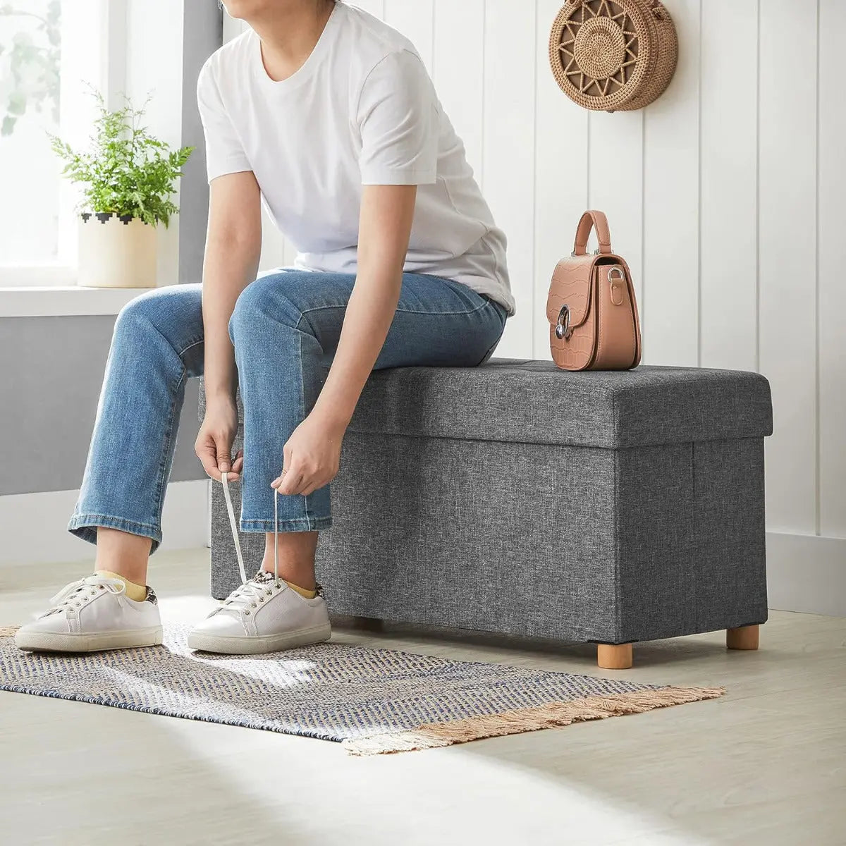 Sitzhocker mit Stauraum, klappbare Sitzbank mit Beinen, schiefergrau von Songmics