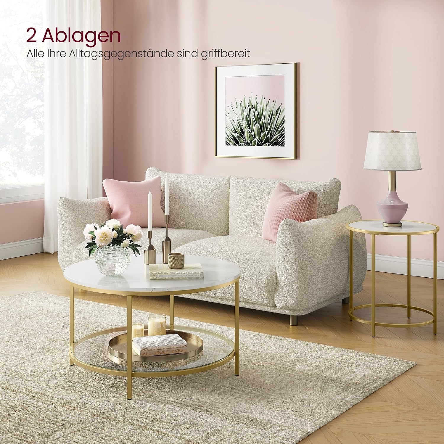Couchtisch Glasplatte Marmor Optik Wohnzimmer Stauraum Gold von Songmics