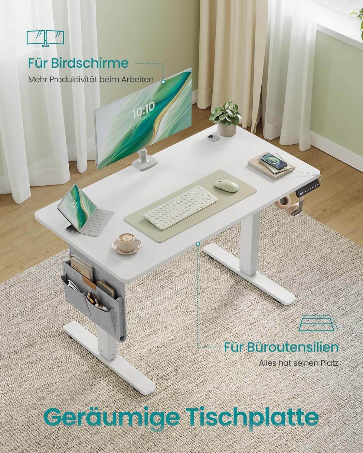 Elektrischer Schreibtisch 100x60 cm höhenverstellbar Weiss von Songmics