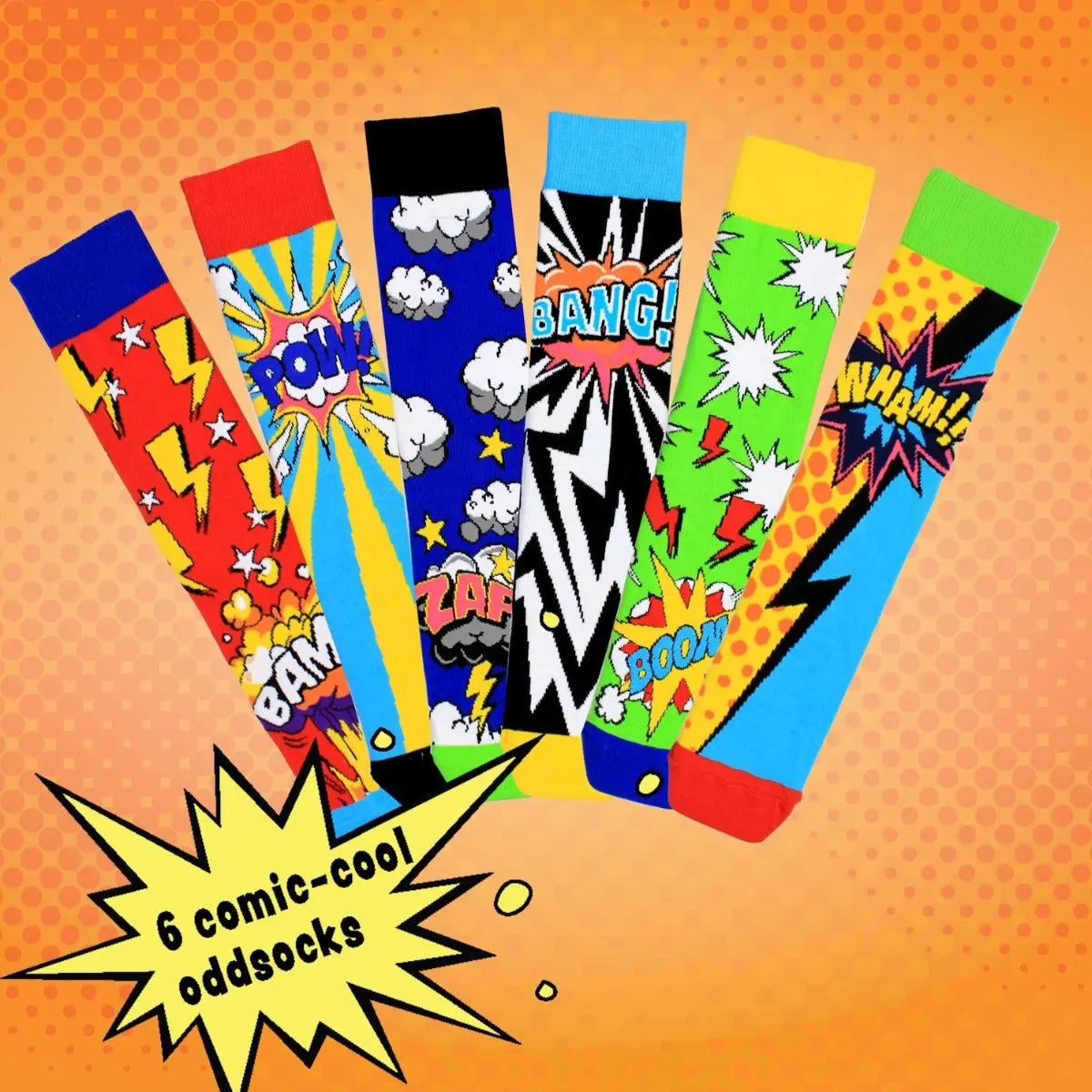 Einzelne Socken im 6er Pack, MIGHTY ODDSOCKS Bunte Comic Oddsocks, Gr. 39-46, mit Geschenkbox von guteszeug.ch