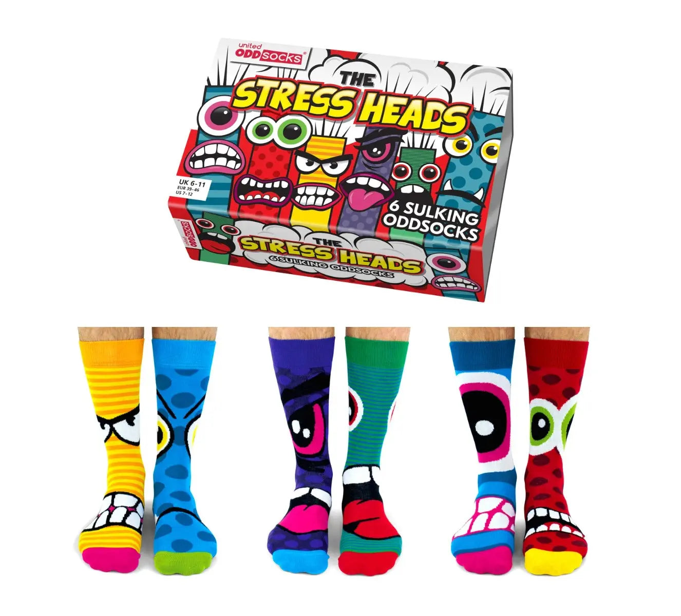 Einzelne Socken im 6er Pack, THE STRESS HEADS Bunte Monster, Gr. 39-46, mit Geschenkbox von guteszeug.ch