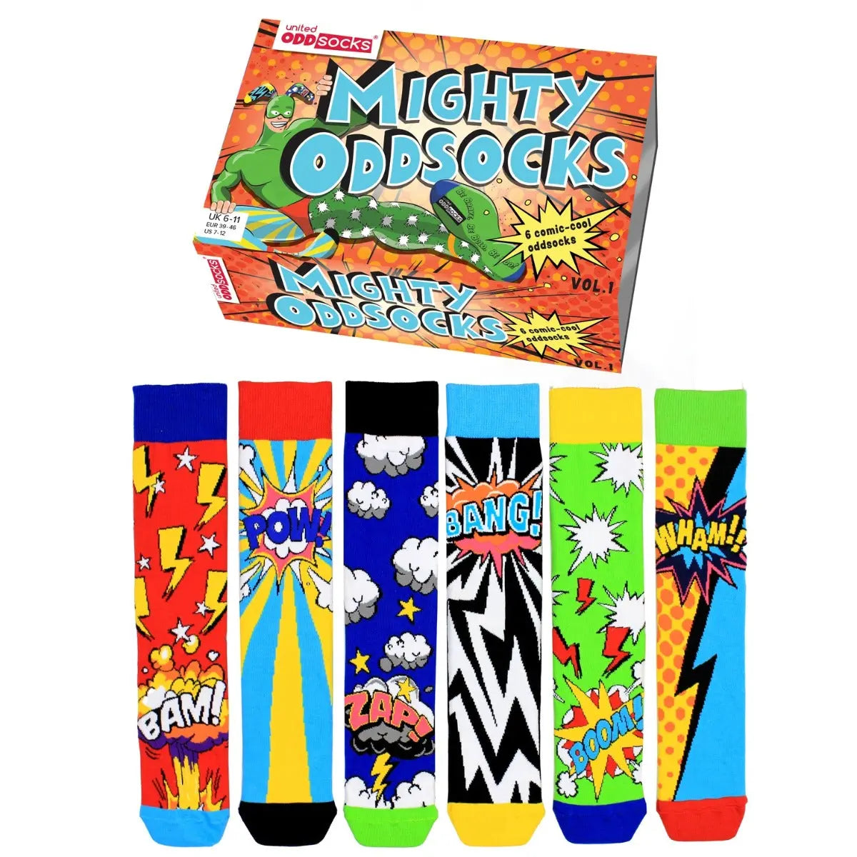 Einzelne Socken im 6er Pack, MIGHTY ODDSOCKS Bunte Comic Oddsocks, Gr. 39-46, mit Geschenkbox von guteszeug.ch