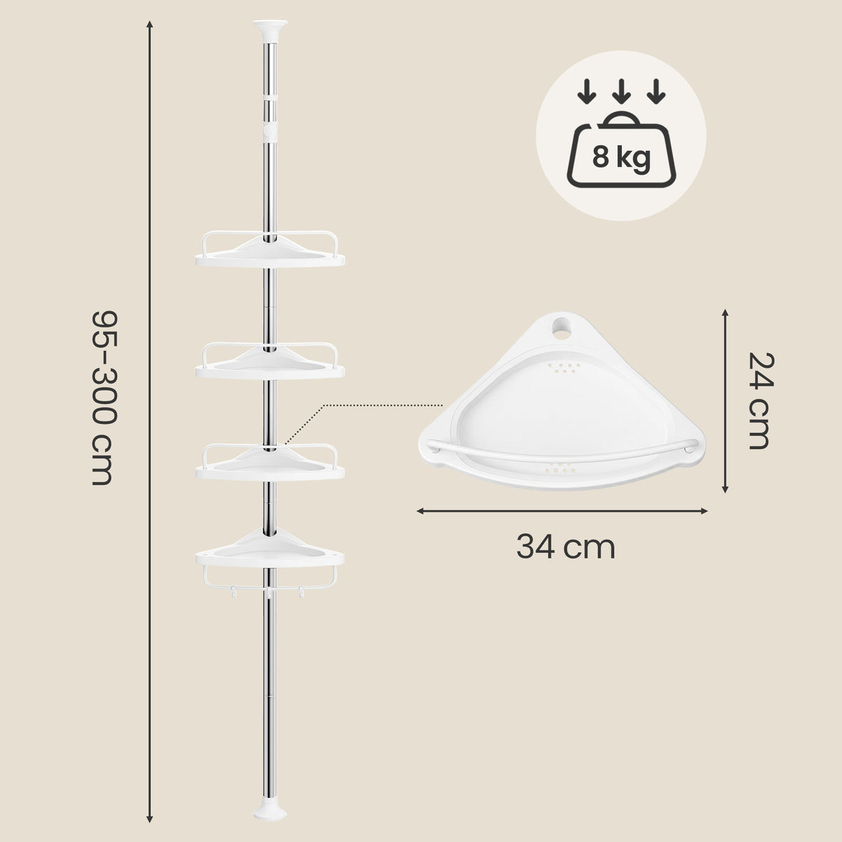 Teleskop Duschregal 4 Ablagen 95-300 cm Wolkenweiss von Songmics