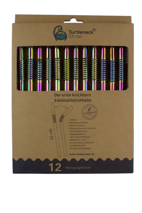 Edelstahl Trinkhalme Biegbar Rainbow 12er Set 22cm von Turtleneck Straw