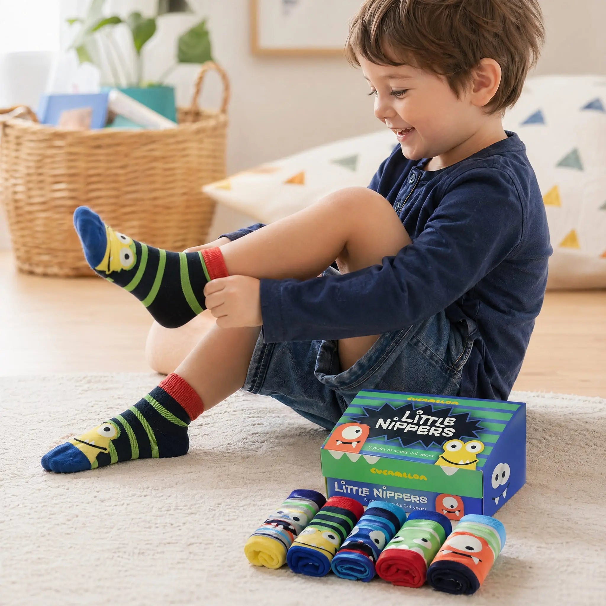 Kinder Socken 5 Paar, LITTLE NIPPERS Bunte Monster, 2-4 Jahre, mit Geschenkbox von guteszeug.ch
