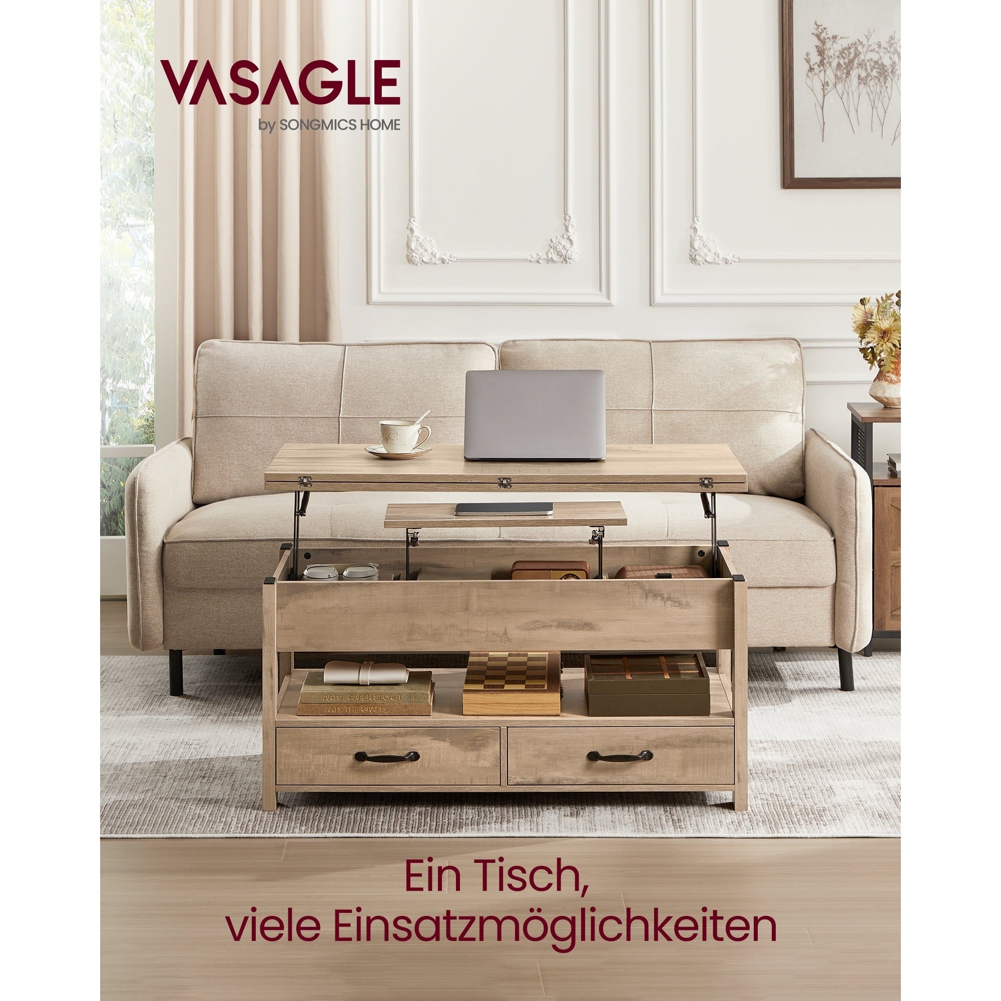 Höhenverstellbarer Couchtisch mit Schubladen und Fächern von Songmics