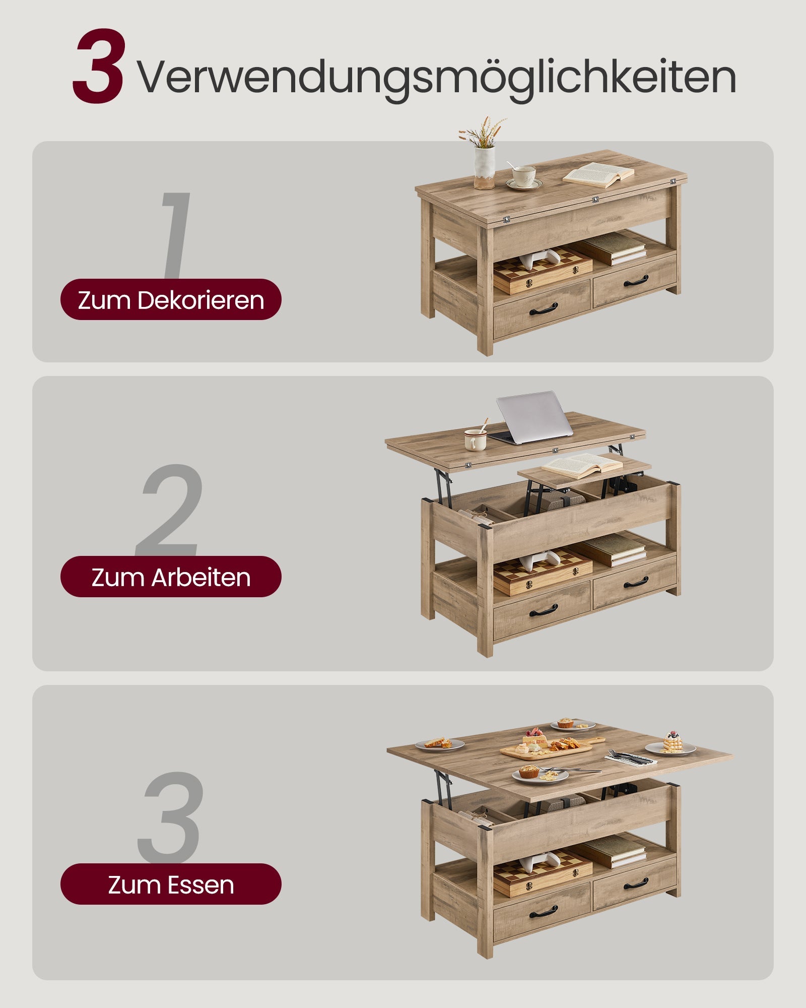 Höhenverstellbarer Couchtisch mit Schubladen und Fächern von Songmics