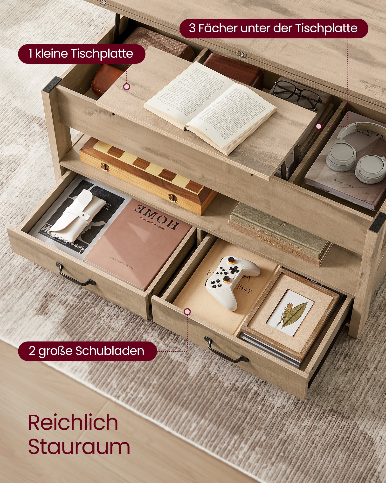 Höhenverstellbarer Couchtisch mit Schubladen und Fächern von Songmics