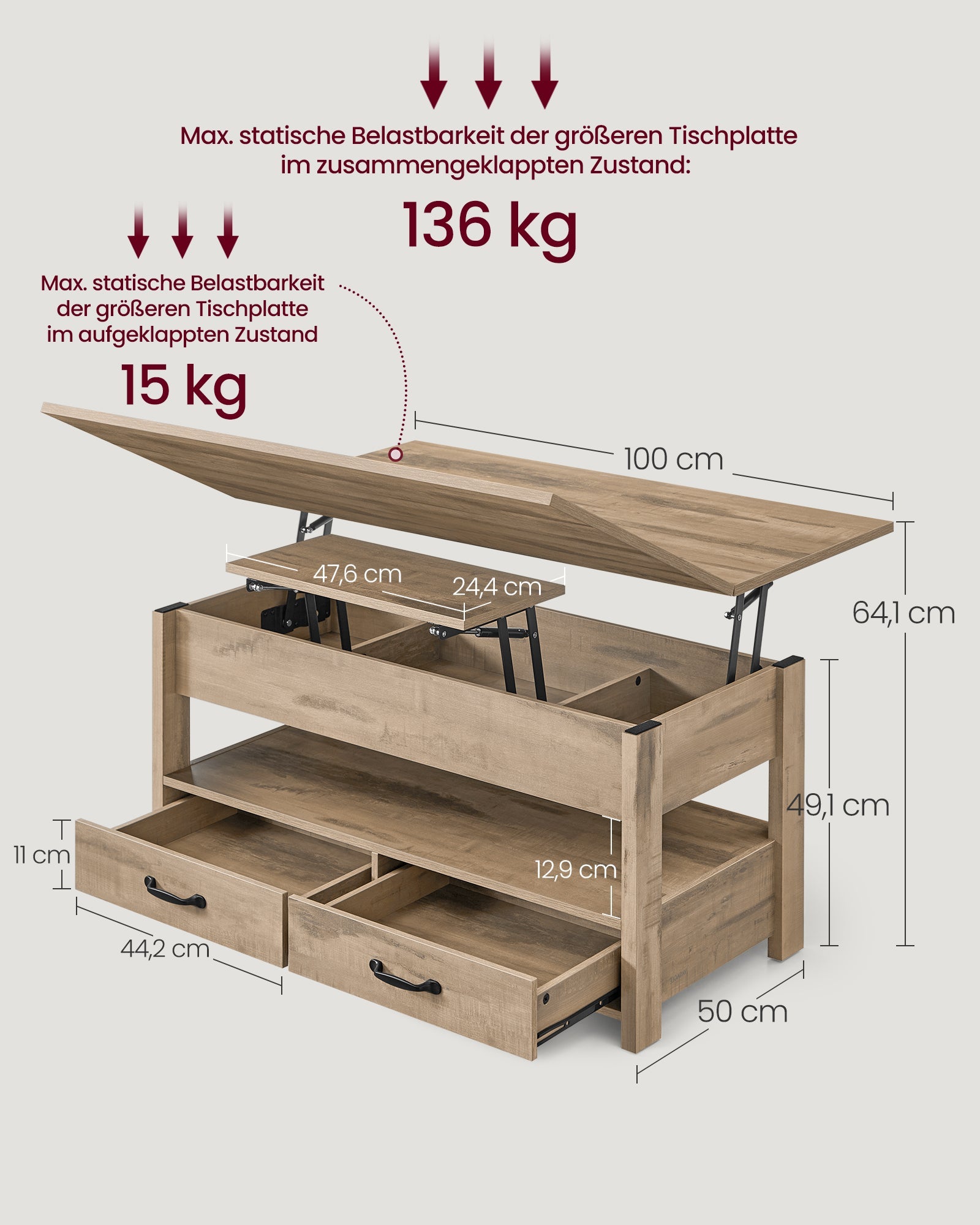 Höhenverstellbarer Couchtisch mit Schubladen und Fächern von Songmics
