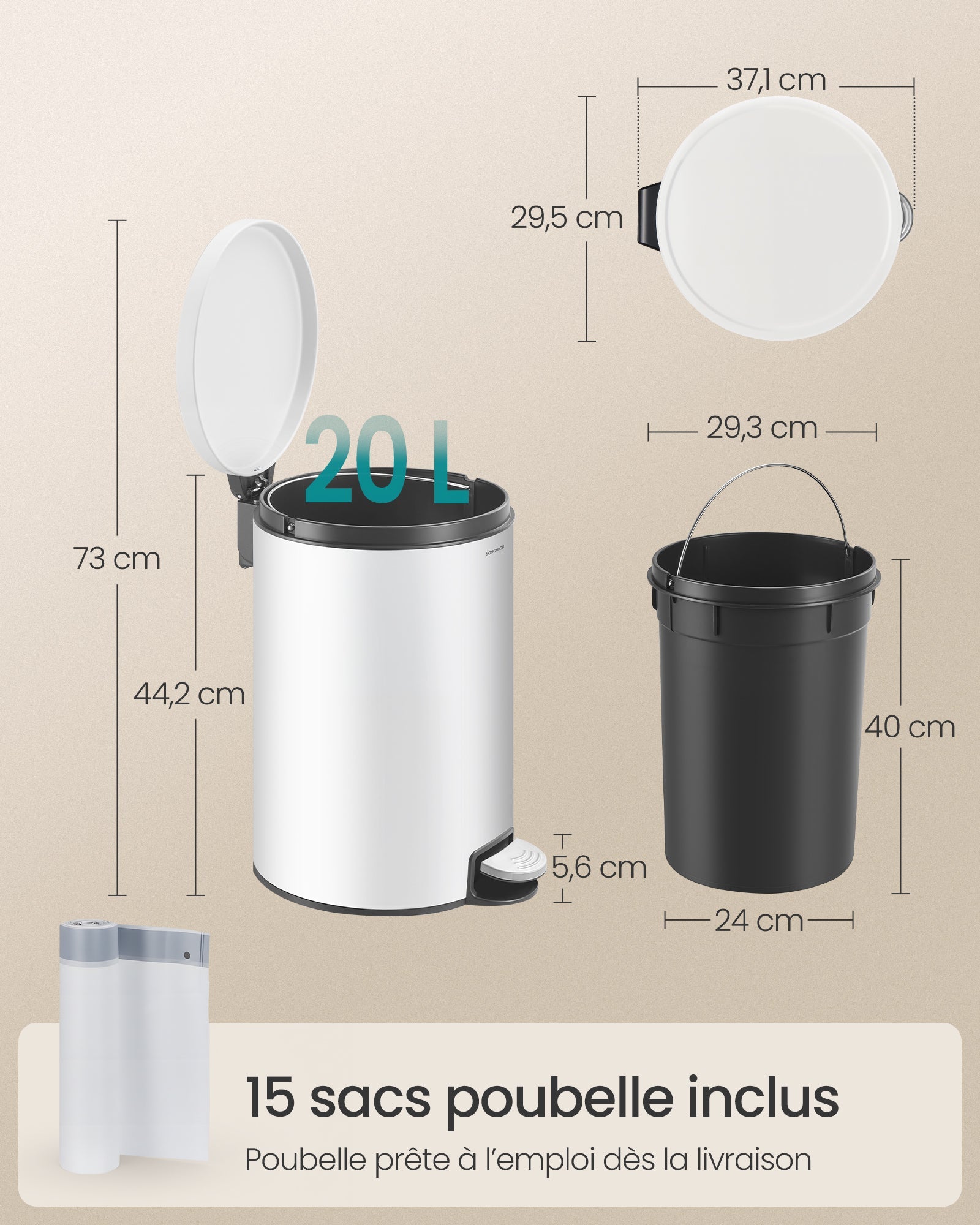 Mülleimer Rund Pedal 15 Beutel von Songmics