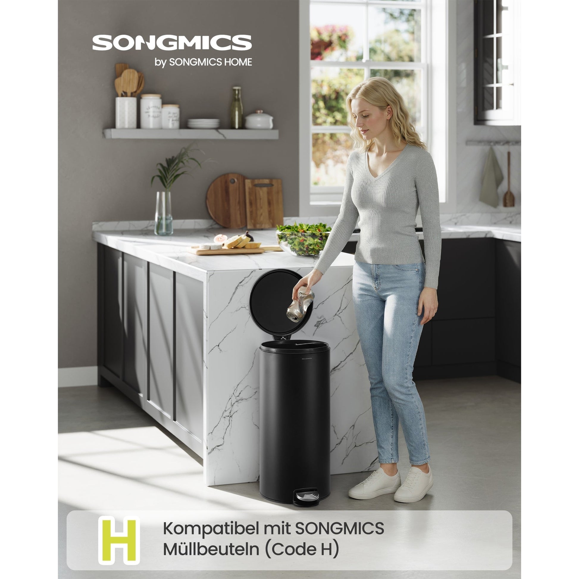 Mülleimer rund 30 L mit Pedal herausnehmbarer Inneneimer von Songmics