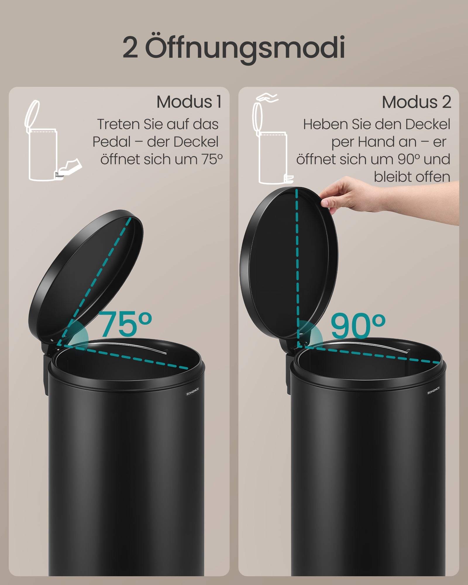 Mülleimer rund 30 L mit Pedal herausnehmbarer Inneneimer von Songmics