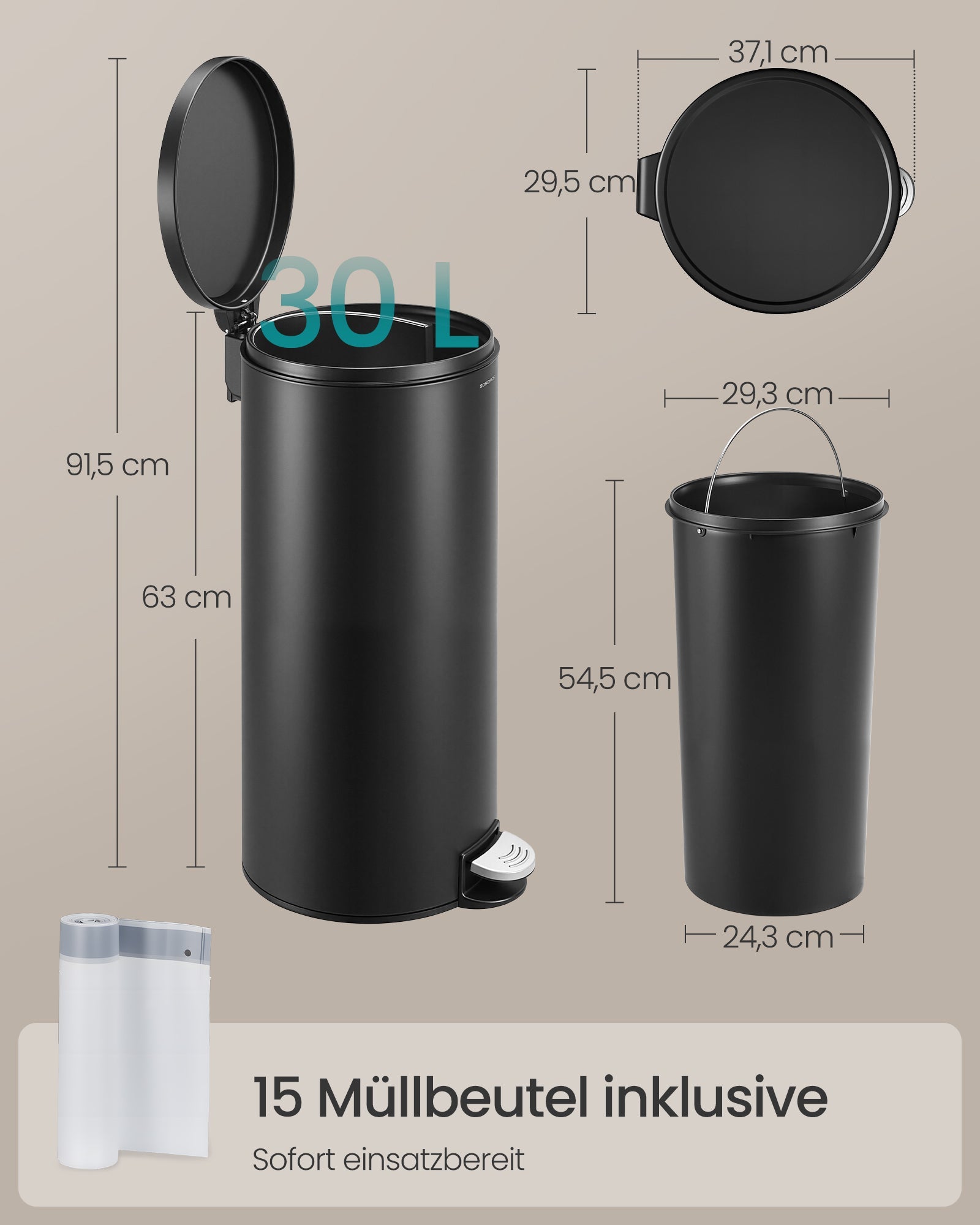Mülleimer rund 30 L mit Pedal herausnehmbarer Inneneimer von Songmics