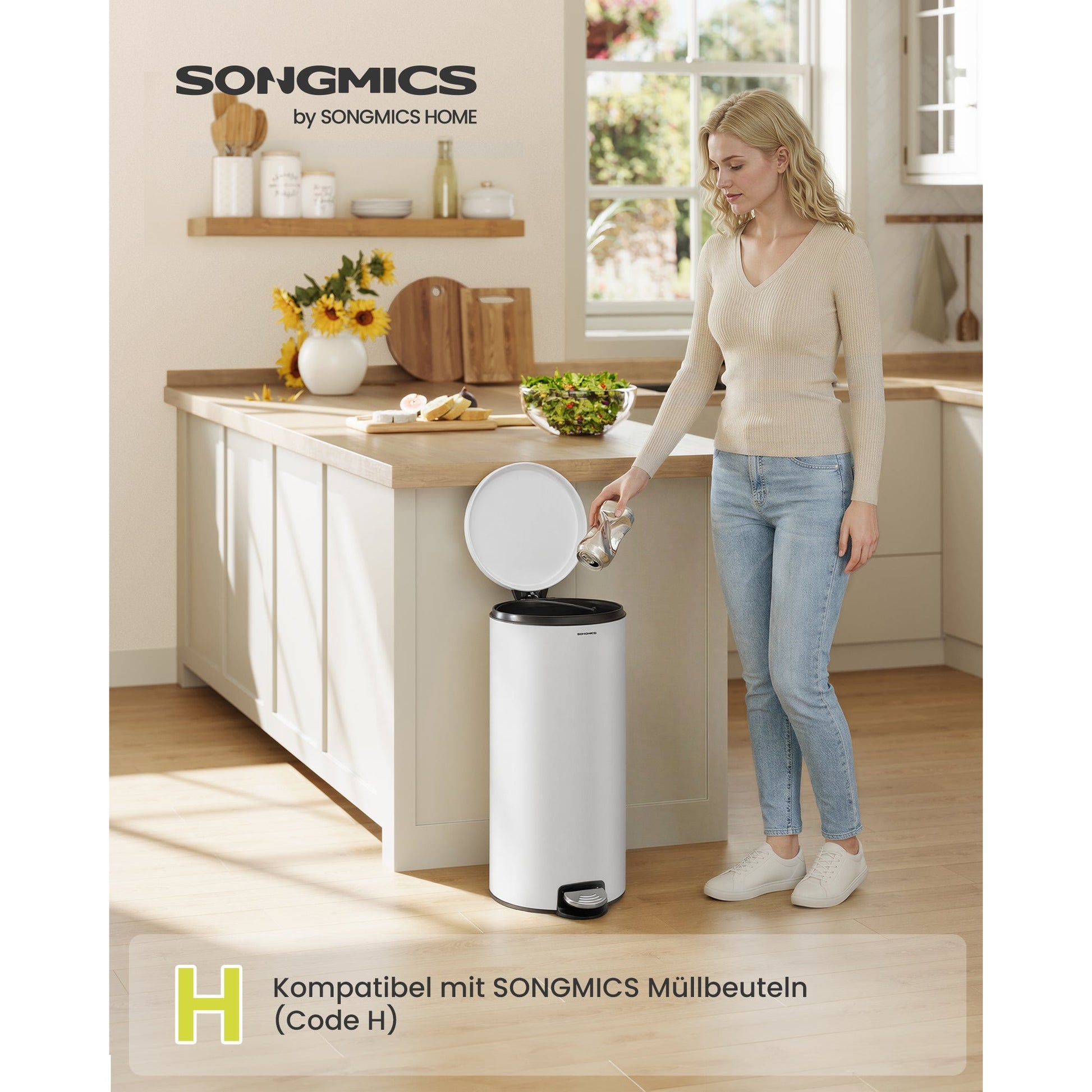 Mülleimer rund 30 L mit Pedal Wolkenweiss von Songmics