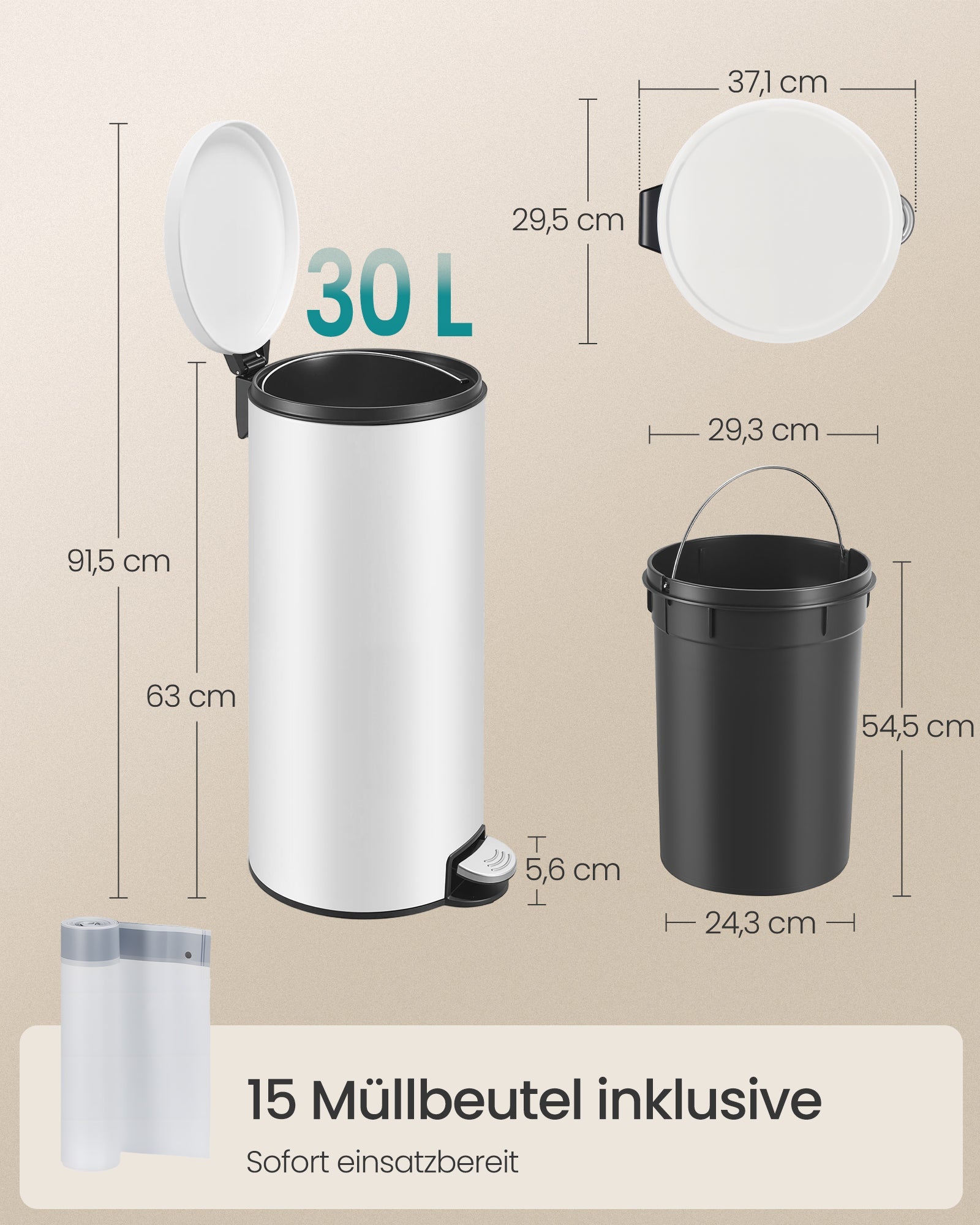 Mülleimer rund 30 L mit Pedal Wolkenweiss von Songmics