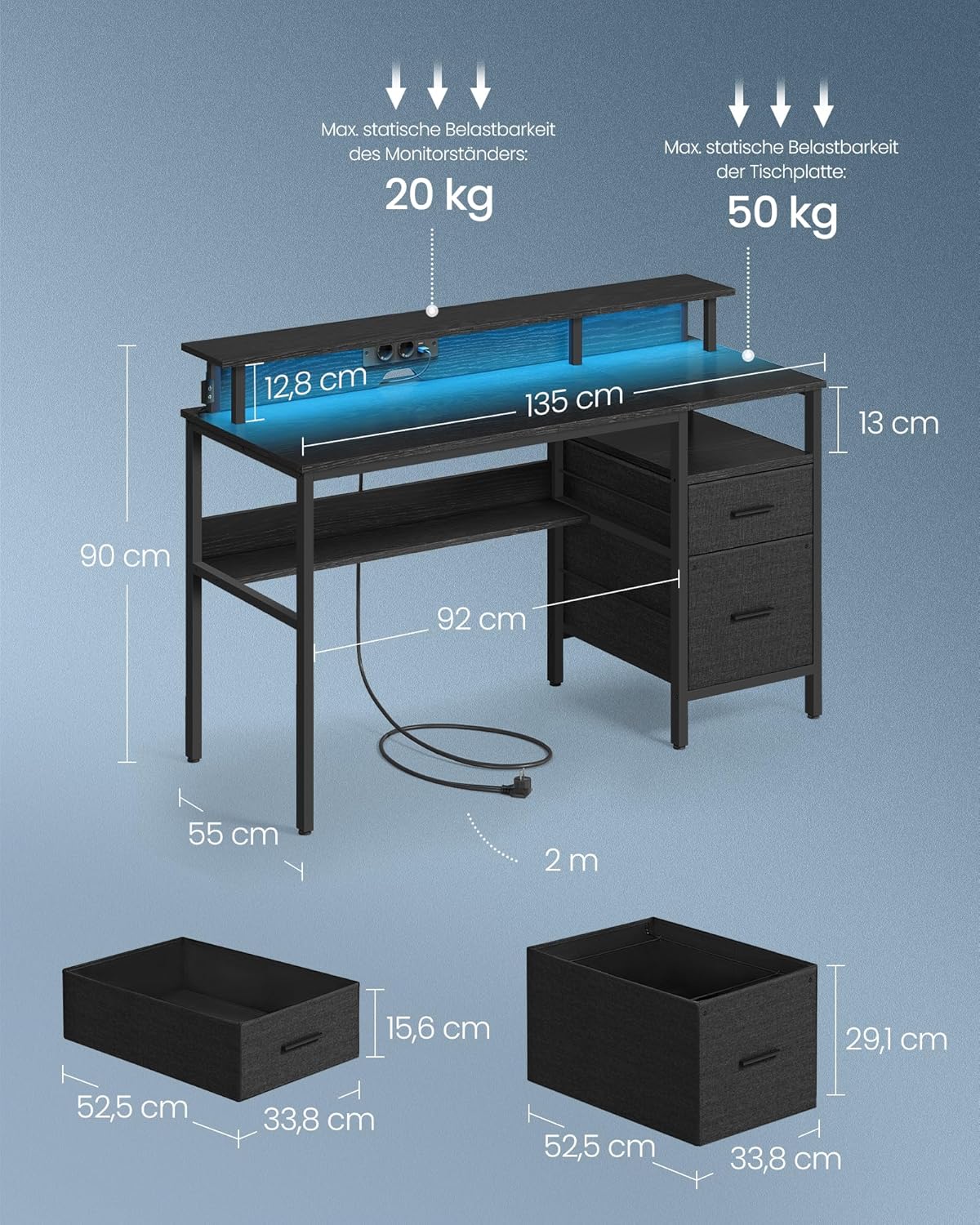 Schreibtisch mit Schubladen und Monitorständer ebenholzschwarz von Songmics