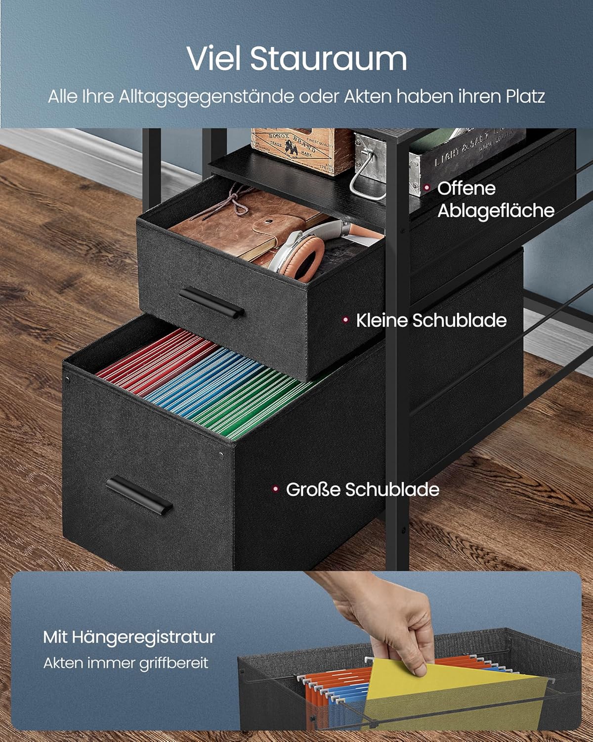 Schreibtisch mit Schubladen und Monitorständer ebenholzschwarz von Songmics