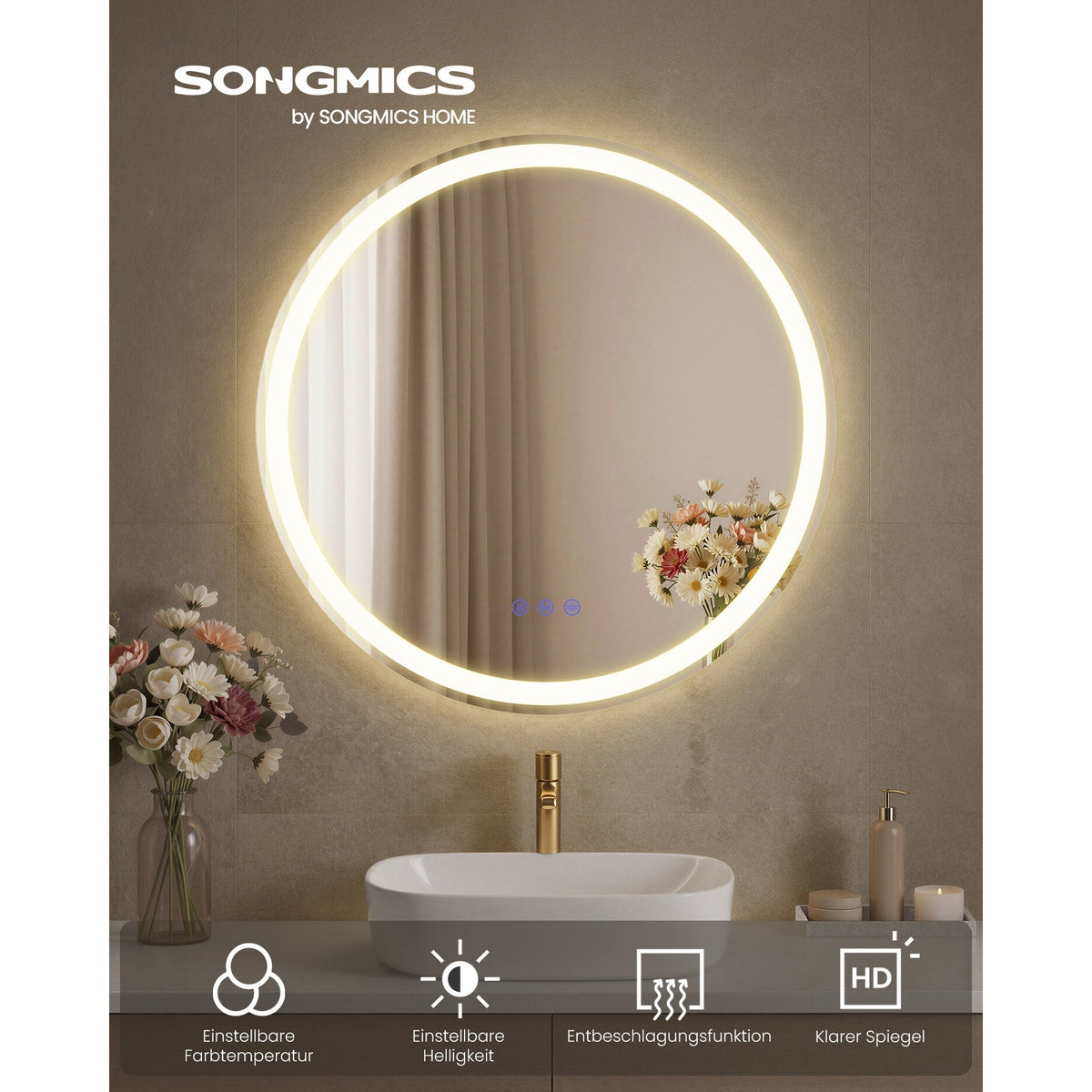 Badezimmerspiegel LED rund 61 cm Anti-Beschlag von Songmics