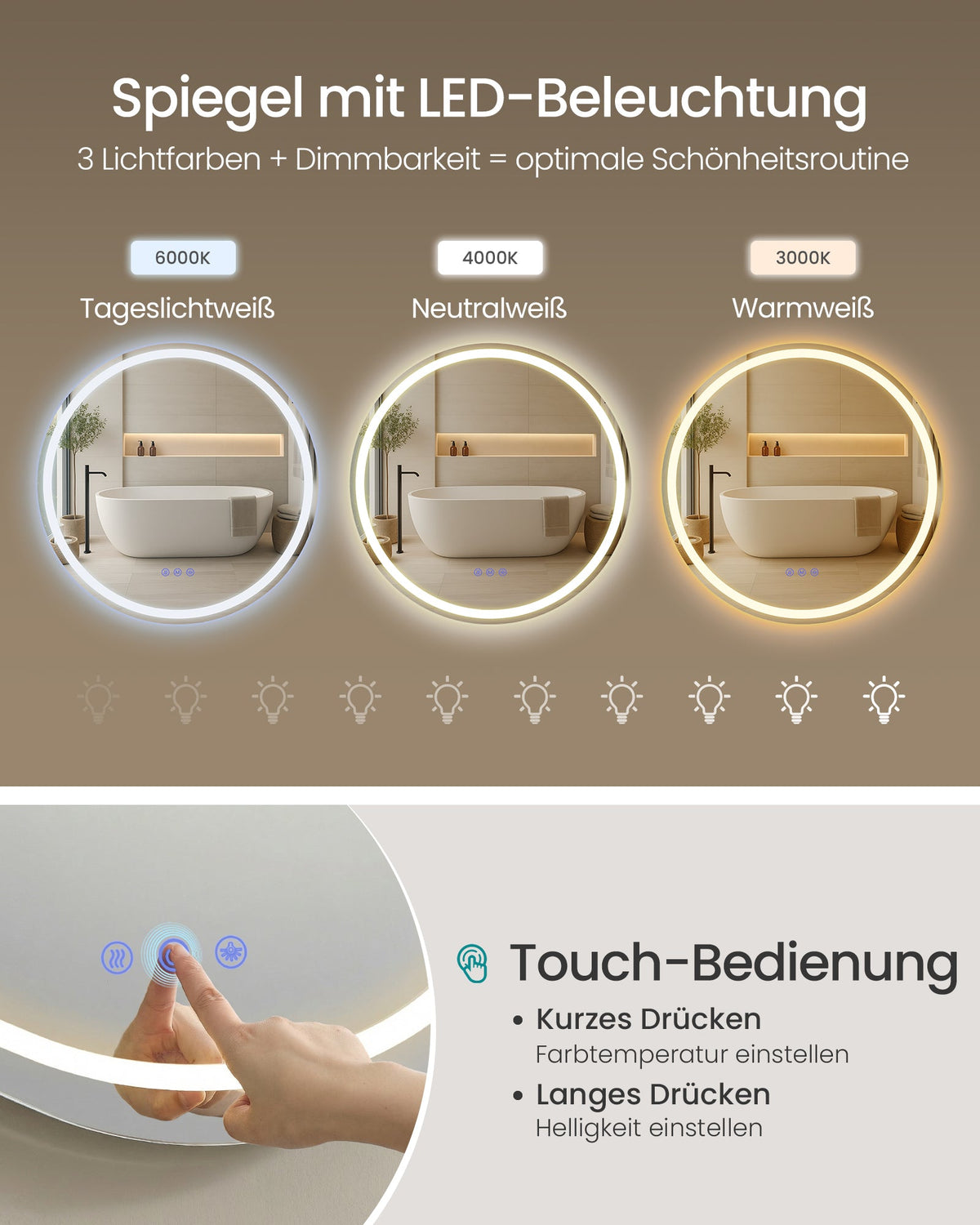 Badezimmerspiegel LED rund 61 cm Anti-Beschlag von Songmics