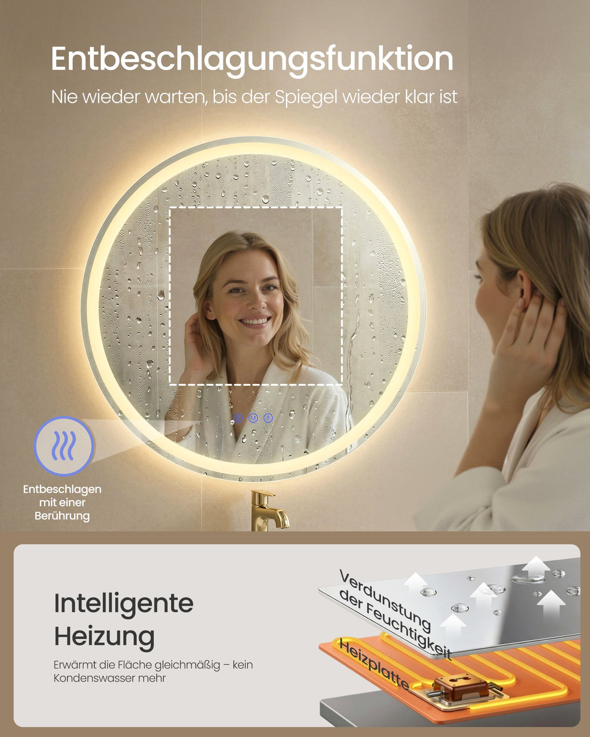 Badezimmerspiegel LED rund 61 cm Anti-Beschlag von Songmics