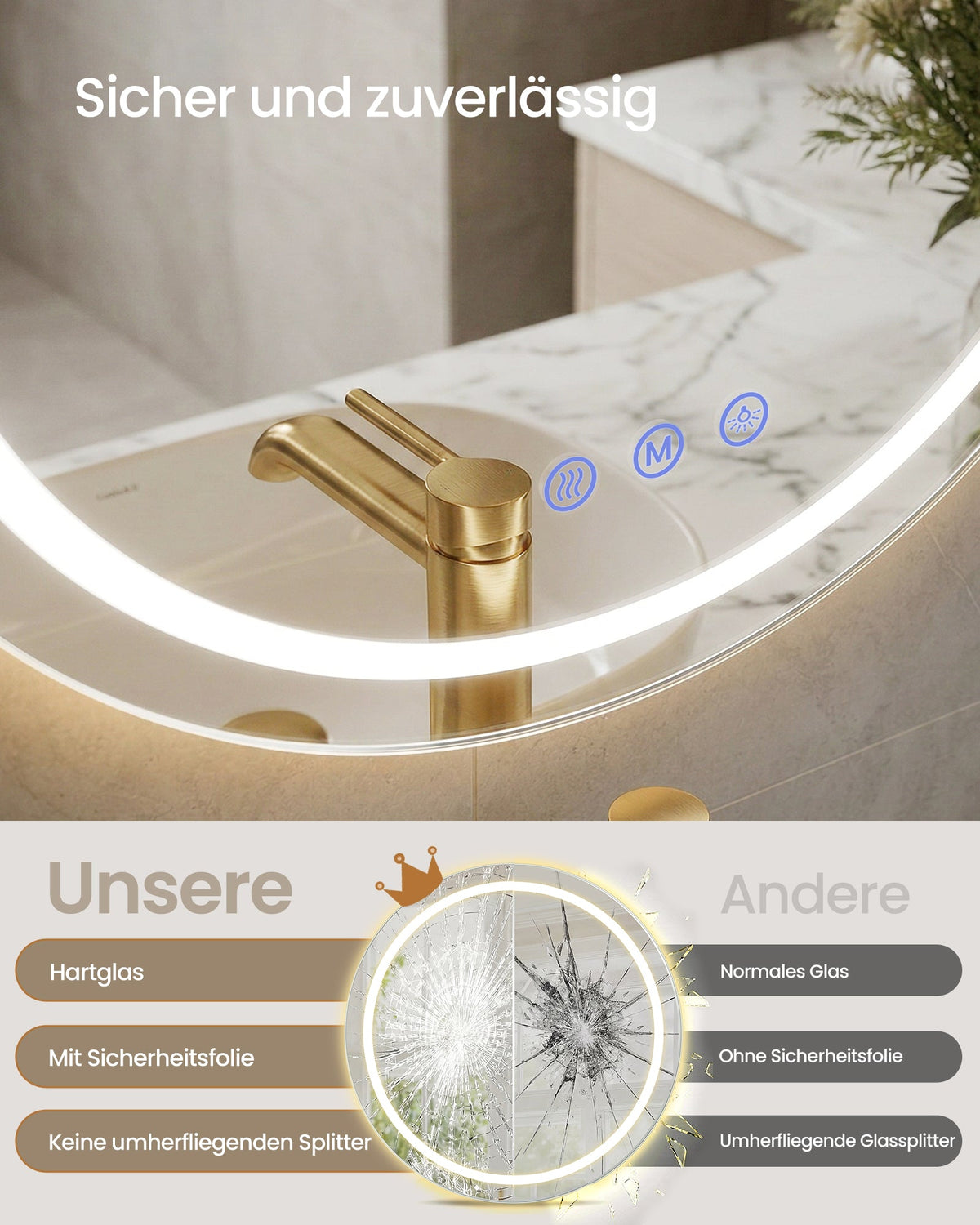 Badezimmerspiegel LED rund 61 cm Anti-Beschlag von Songmics