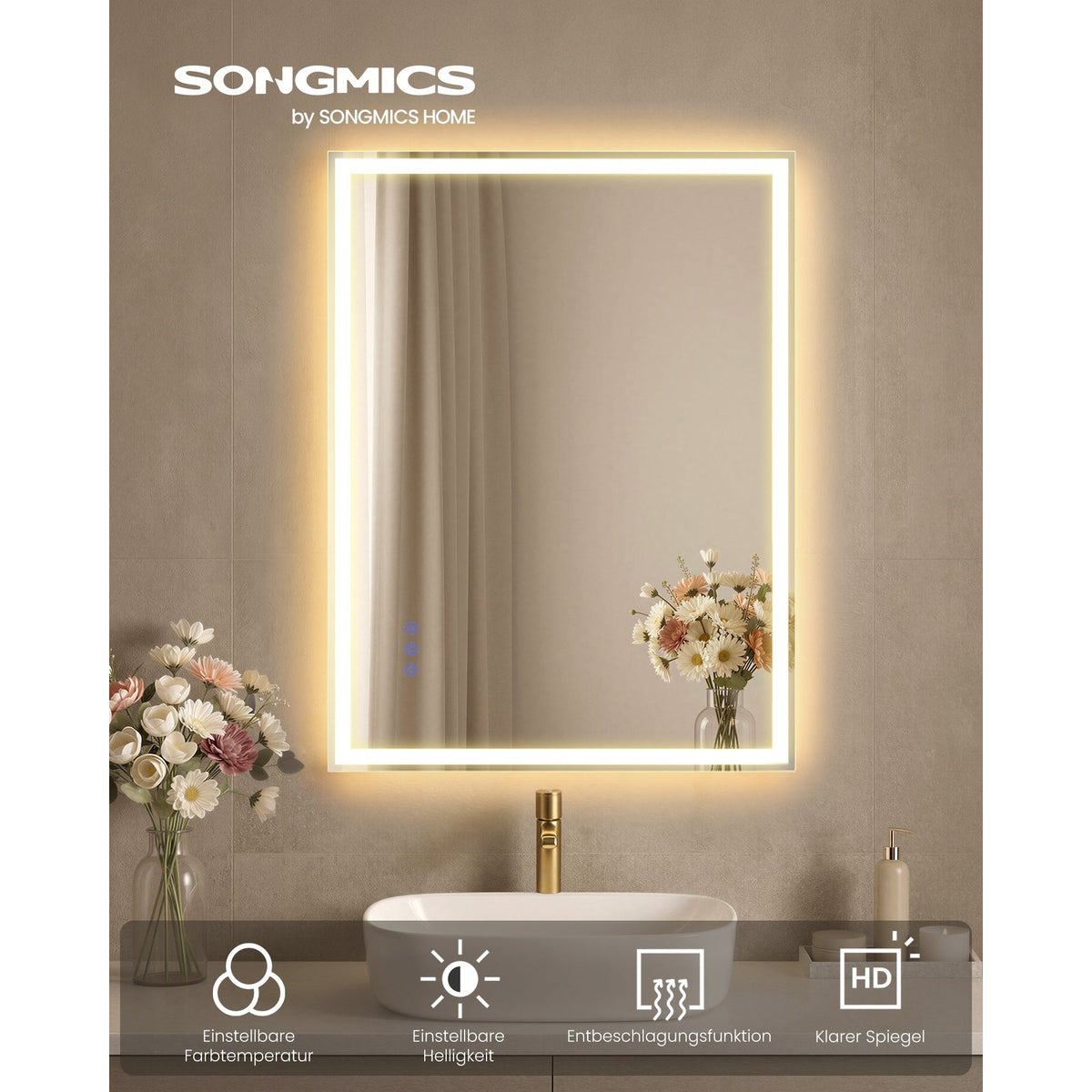 LED Badezimmerspiegel 70x51 cm Anti-Beschlag Wolkenweiss von Songmics