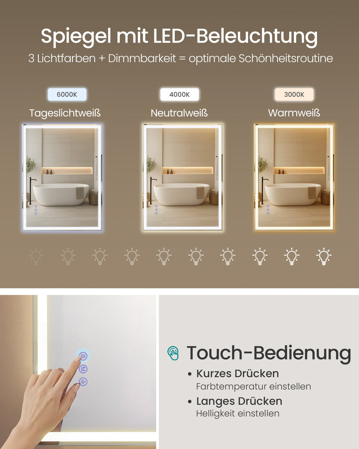 LED Badezimmerspiegel 70x51 cm Anti-Beschlag Wolkenweiss von Songmics