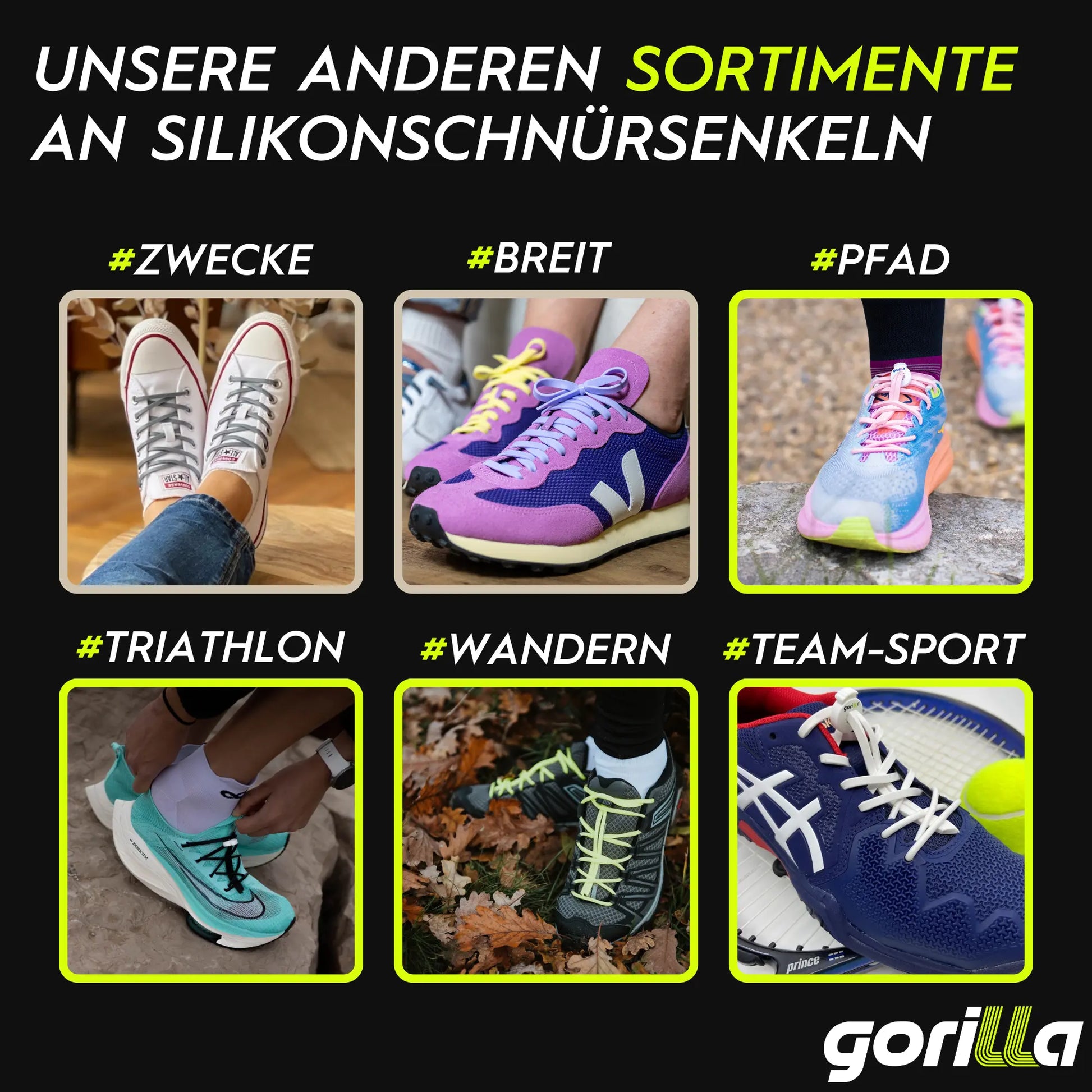 Elastische Schnürsenkel Flexibel Ohne Binden Silikon Running Neongelb von Gorilla Lacets