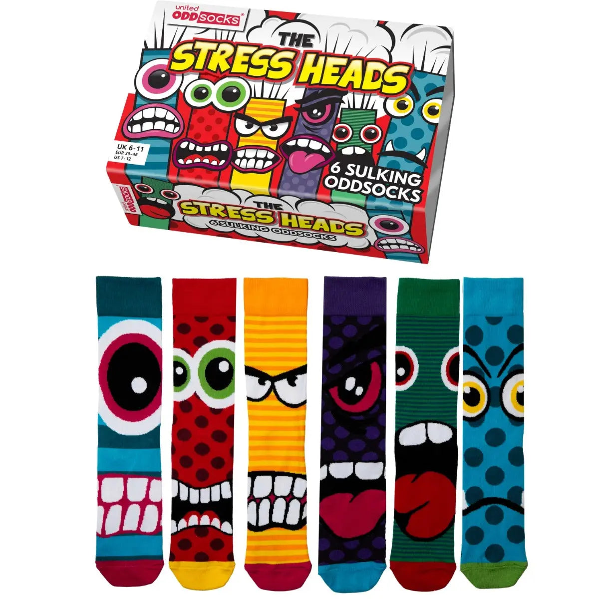 Einzelne Socken im 6er Pack, THE STRESS HEADS Bunte Monster, Gr. 39-46, mit Geschenkbox von guteszeug.ch