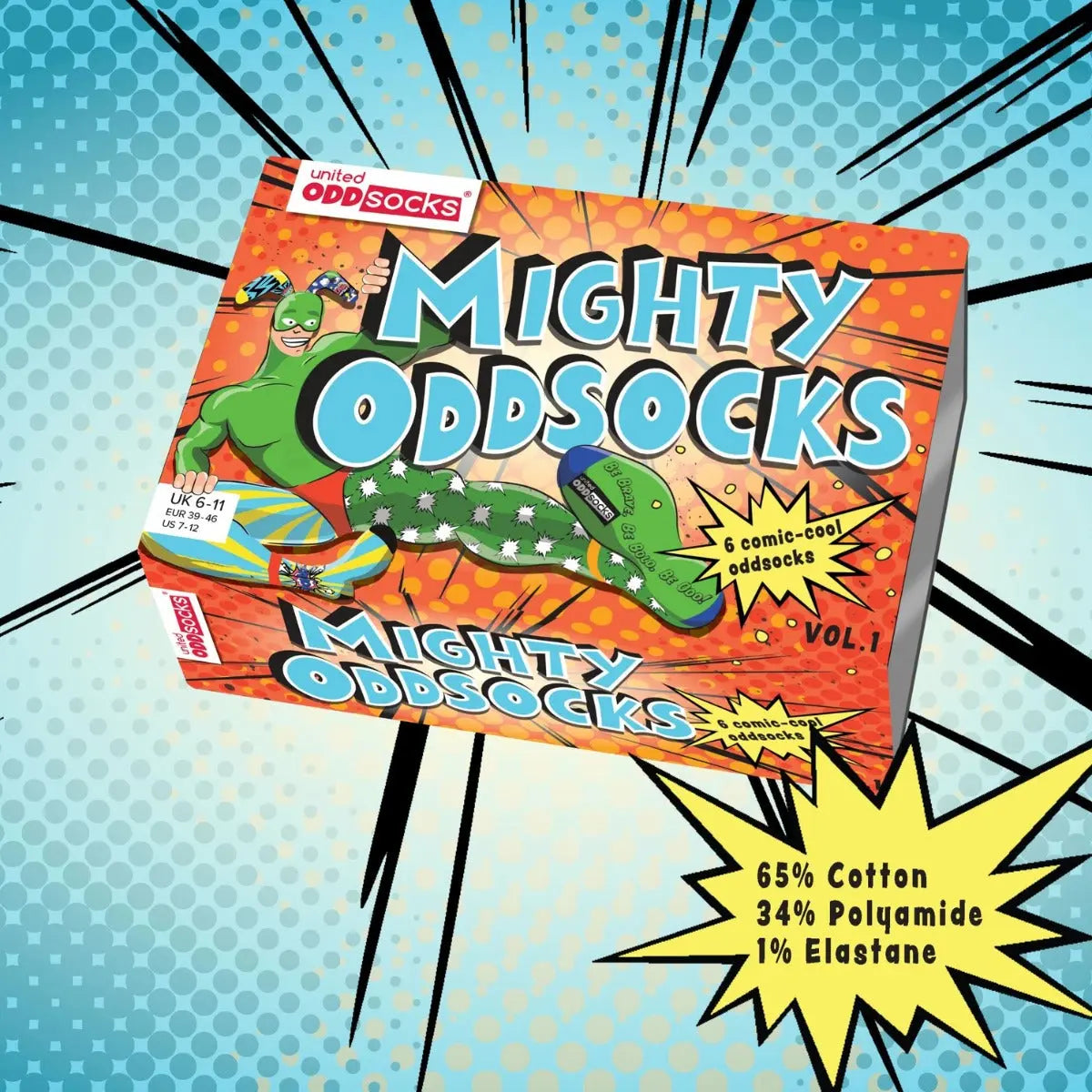 Einzelne Socken im 6er Pack, MIGHTY ODDSOCKS Bunte Comic Oddsocks, Gr. 39-46, mit Geschenkbox von guteszeug.ch