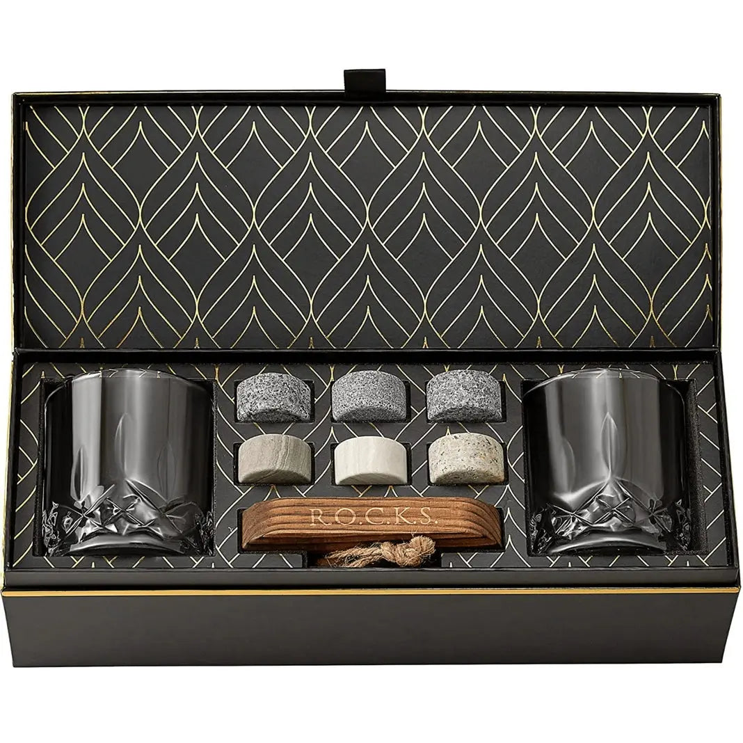 Signature Whiskeygläser mit Kühlsteinen Geschenkset von ROCKS Whiskey Chilling Stones