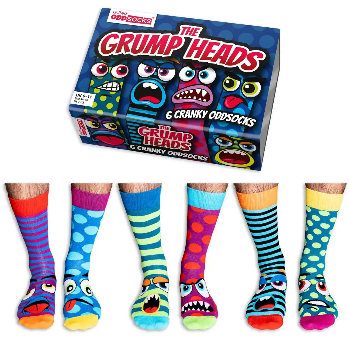 Einzelne Socken im 6er Pack, GRUMP HEADS, Gr. 39-46, mit Geschenkbox von United Oddsocks