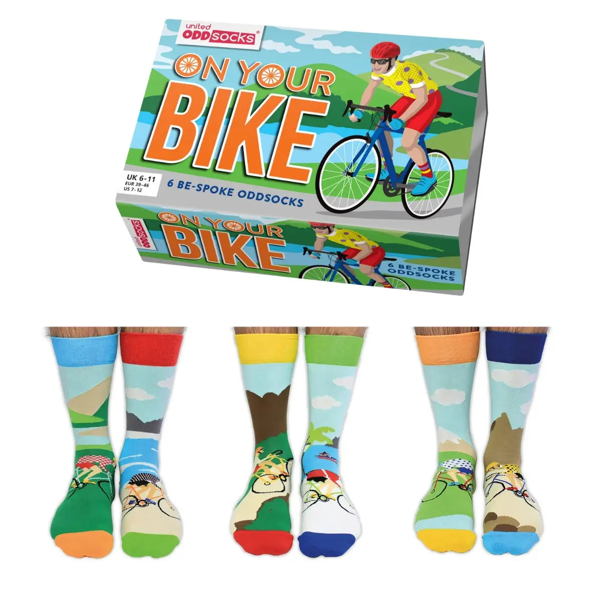 Einzelne Socken im 6er Pack, ON YOU BIKE Bunte Fahrräder, Gr. 39-46, mit Geschenkbox von guteszeug.ch