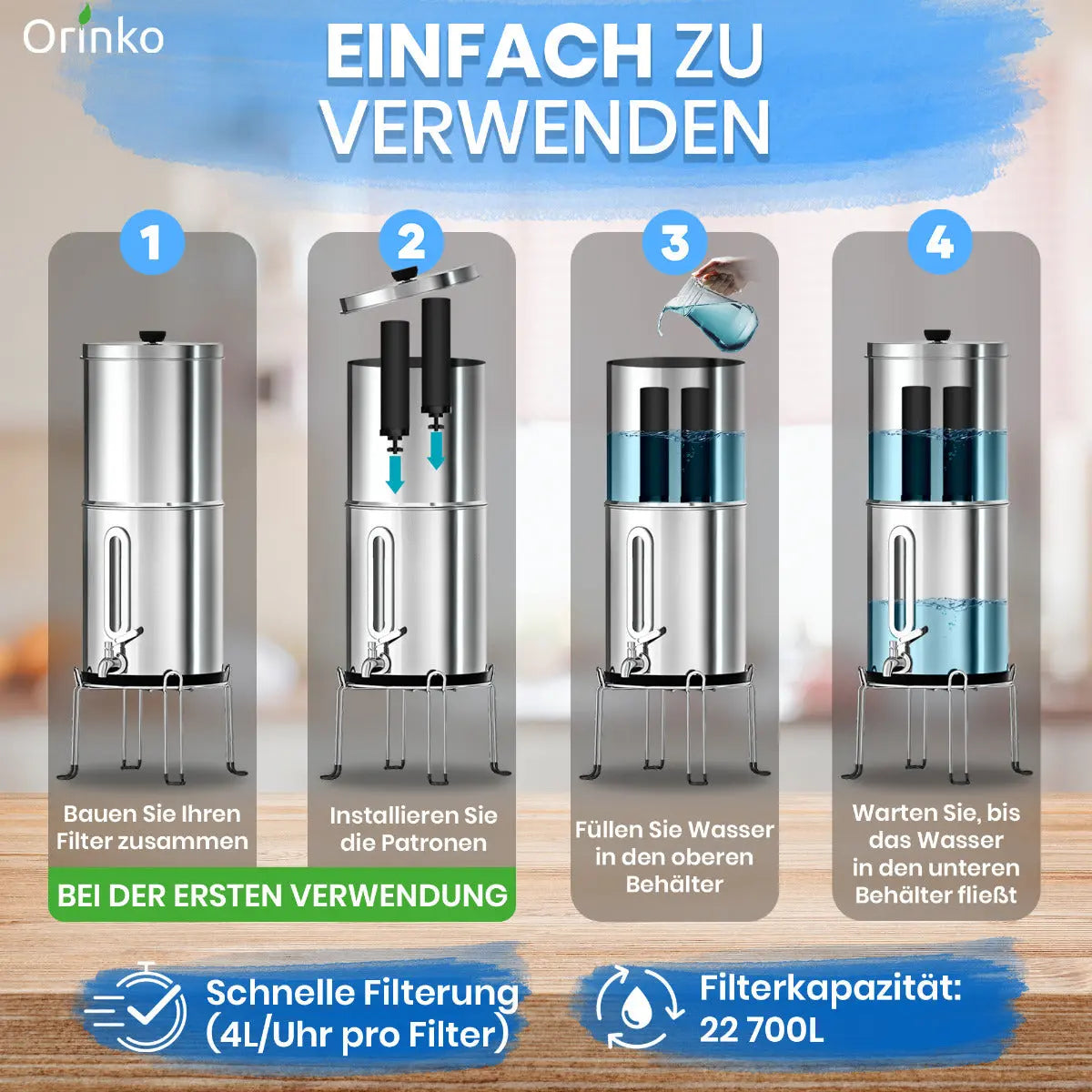 Wasserspender mit Schwerkraftfilter 8.5 L von Orinko