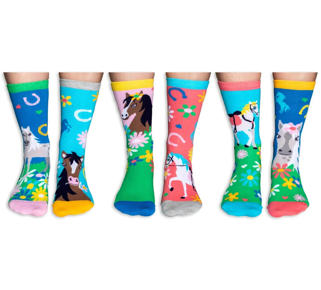 Einzelne Socken im 6er Pack, GIDDY UP Bunte Pferde, Gr. 30,5-38,5, mit Geschenkbox von guteszeug.ch