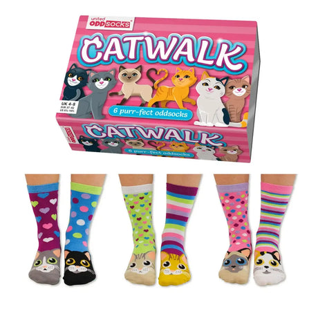 Einzelne Socken im 6er Pack, CATWALK Bunte Katzen, Gr. 37-42, mit Geschenkbox von United Oddsocks