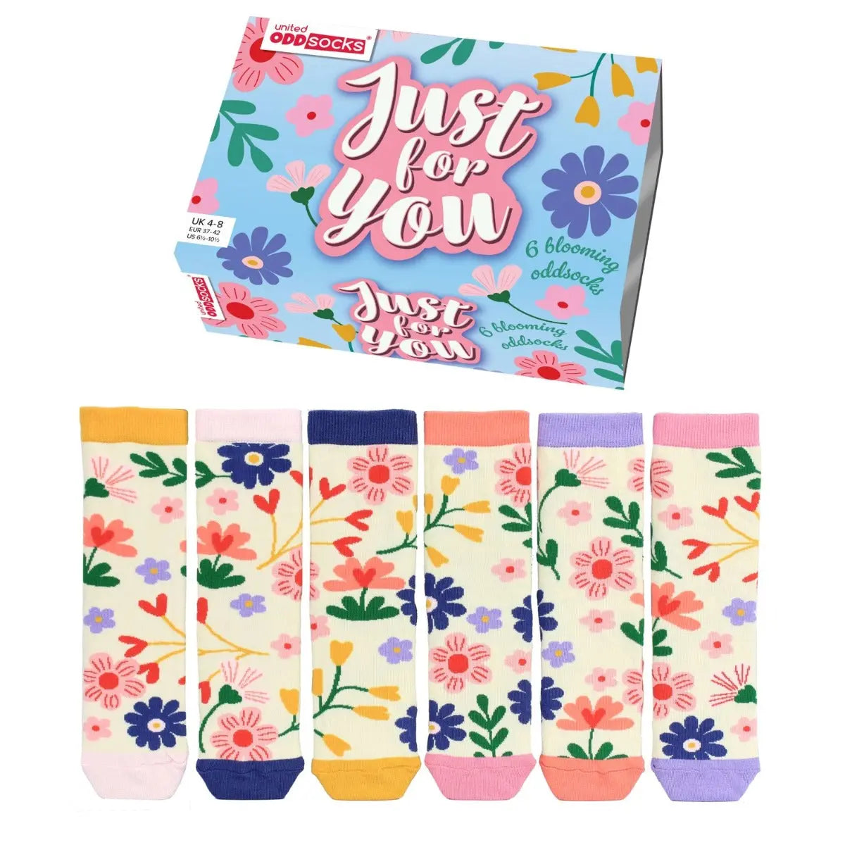 Einzelne Socken im 6er Pack, JUST FOR YOU Bunte Blumen, Gr. 37-42, mit Geschenkbox von United Oddsocks