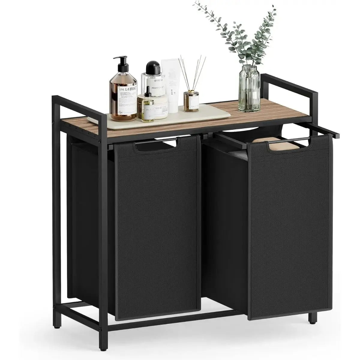 Wäschesammler 92L 2-Fächer Braun Schwarz Stahl von Songmics