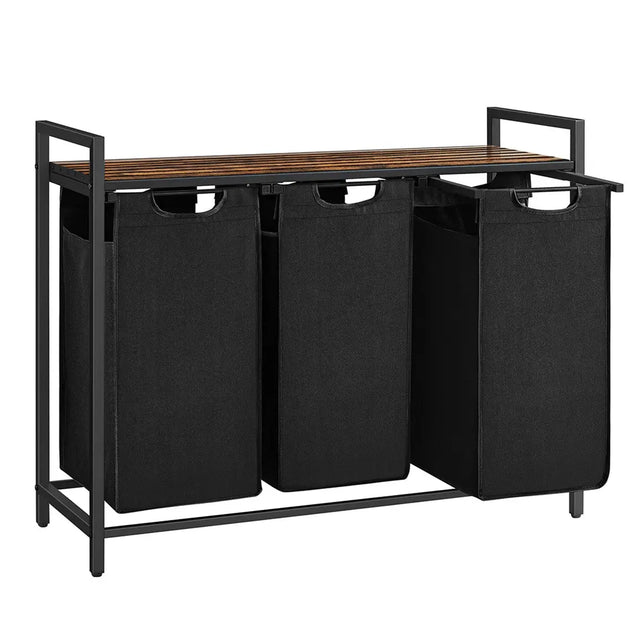 Wäschekorb mit 3 Fächern und Ablage, tintenschwarz-vintagebraun von Songmics