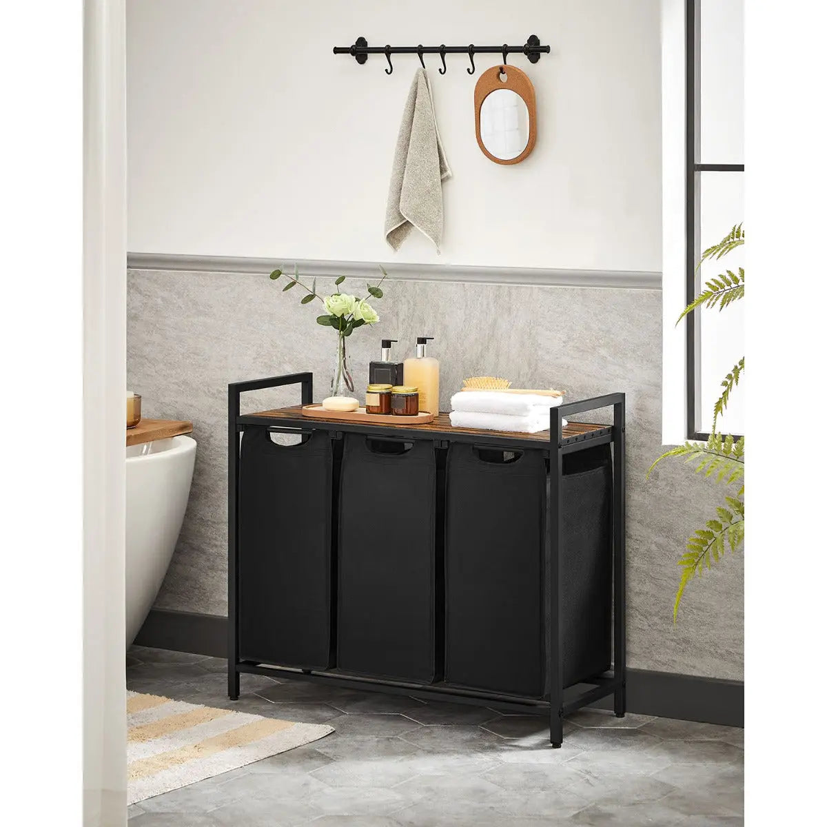 Wäschekorb mit 3 Fächern und Ablage, tintenschwarz-vintagebraun von Songmics