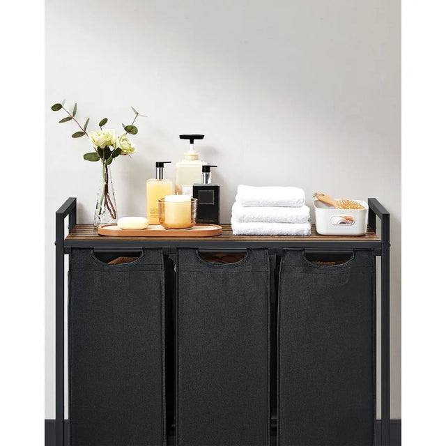 Wäschekorb mit 3 Fächern und Ablage, tintenschwarz-vintagebraun von Songmics