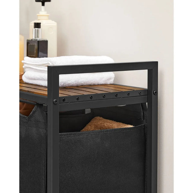 Wäschekorb mit 3 Fächern und Ablage, tintenschwarz-vintagebraun von Songmics