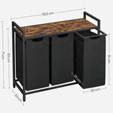 Wäschekorb mit 3 Fächern und Ablage, tintenschwarz-vintagebraun von Songmics