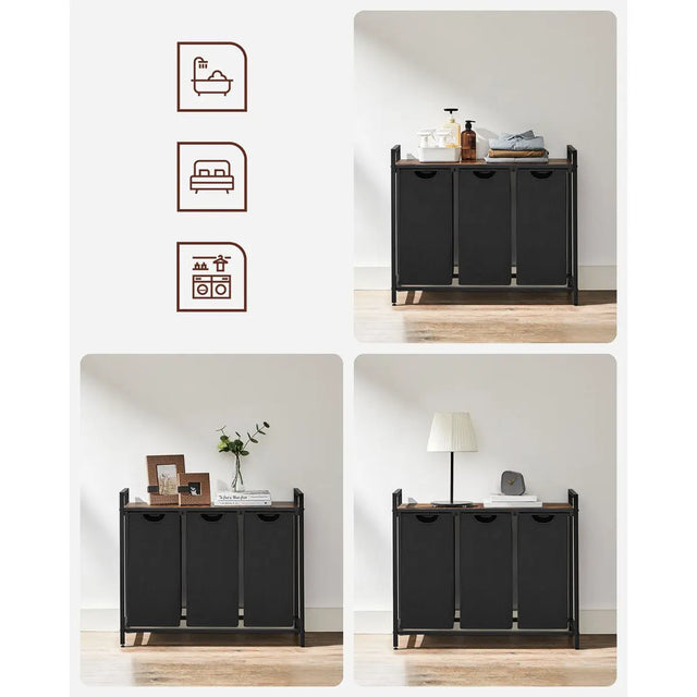 Wäschekorb mit 3 Fächern und Ablage, tintenschwarz-vintagebraun von Songmics